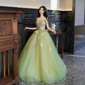 Flower Fairy Evening Gown Green Off-Shoulder Tulle Dress Empire Waistline Coming Of Age Ceremony Princess Style - Product Image 1