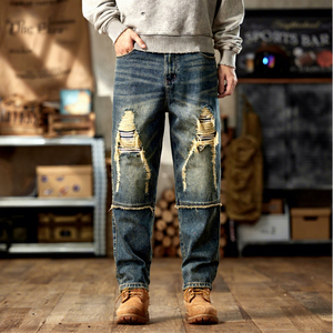 Jean en denim vintage streetwear personnalisé, coupe droite, jambe large, ample, de haute qualité, de créateur, déchiré, pour homme, couleur claire à moyenne - Product Image 1