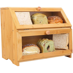 Wholesale Double Layers Large Bread Box for Kitchen Counter Wooden Large Capacity Bamboo Bread Food Storage Bin