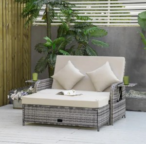 طقم أريكة استرخاء خارجية حديثة من قطعتين مصنوعة من الخوص مع مسند قدم للتخزين، مقعد استلقاء للشمس، أثاث خارجي، سرير نهاري، مناسب لجميع الأحوال الجوية - Product Image 6