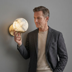 Modern Brass Wall Sconce Round Marble Globe Light Contemporary Indoor Living Room Decor Warm Glow Fixture - Product Image 1