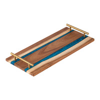 Plateau de service décoratif écologique en résine époxy et bois d'acacia avec poignée dorée pour le café et le petit-déjeuner