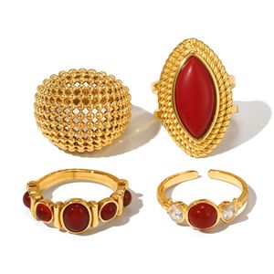 Fashion <b>Rings</b> Agate Stone <b>Gold</b> Plated Geometric Design Women's Jewelry Gift <b>Set</b> Oval Ball Shape Bezel Setting - Product Image 5