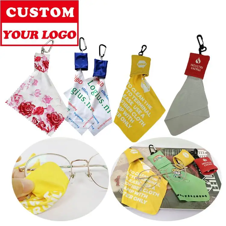 Customized logo print Soft Hanging Style Digital Printing Clean Lens pouch portable hook up keychain glasses cloth