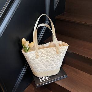 2025 femmes mode grande capacité dentelle paille tissé sac fourre-tout bandoulière épaule seau Portable deux ouvert printemps été automne - Product Image 6