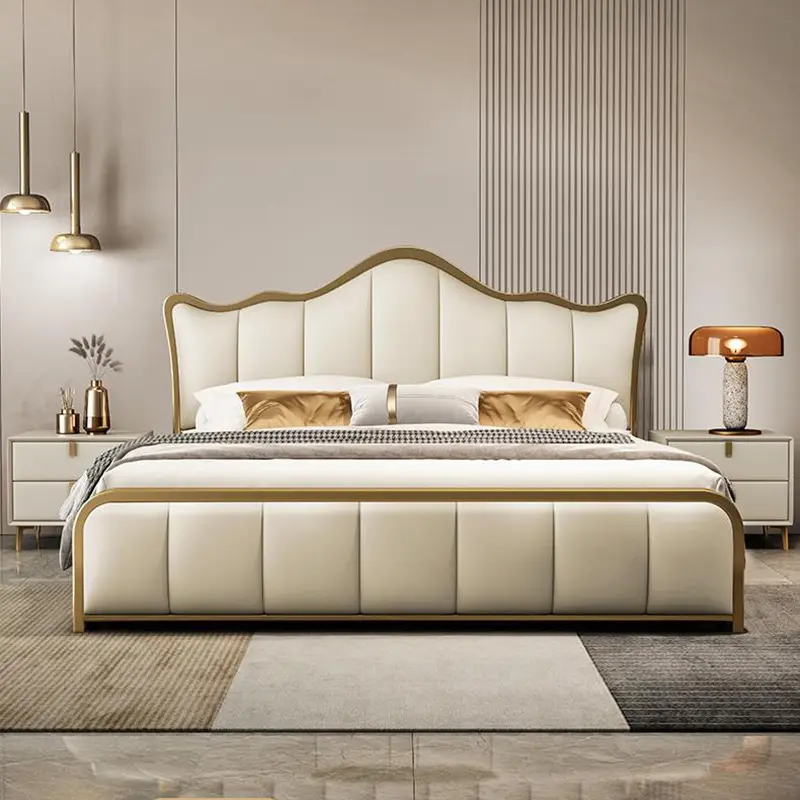 Solid Wood Double Bed Storage Italian Modern Luxury Queen Bed Home Leather Upholstered King Size Bed