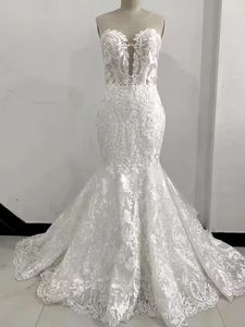 NDB10759 Nouvelle robe de mariée en dentelle à queue de poisson à col rond rêveur, robe de mariée blanche à traîne, deux activités de port - Product Image 5