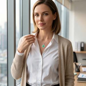 Collier pendentif halo en argent sterling 925 avec calcédoine verte, cabochon rond, bijou vintage pour femme - Product Image 6