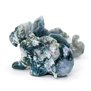 Best Selling Hand Carved Moss Agate Flying Dragon Natural Stone Folk Crafts Crystals Healing Stones