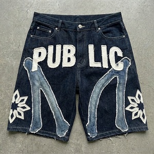 Streetwear Custom Applique Patch Embroidered Men's Baggy Straight Leg Vintage <b>Wash</b> Denim Shorts Jorts OEM Garment Manufacturer - Product Image 1