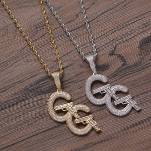 <b>Copper</b> CZ CC Gun Pendant Necklace, Letter <b>Chain</b> Hip Hop Jewelry - Product Image 1