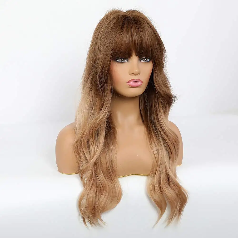 SL363 High Quality Long Natural Wave Synthetic Wigs With Bangs Brown Gold Heat Resistant Synthetic Fiber Hair Women Wig