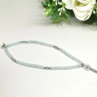 Gelang Rosario Medali Ajaib dengan Salib, Manik-manik Aquamarine Biru Muda 4mm Buatan Tangan, Perhiasan Kristen