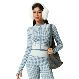 Conjunto Deportivo de Yoga de Dos Piezas con Cremallera y Diseño de Rejilla sin Costuras para Europa y América, Ropa de Yoga de Manga Larga para Fitness - Product Image 3