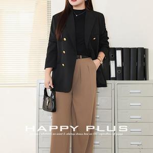 Ensemble tailleur femme Runqi : Blazer noir avec boutons dorés et pantalon plissé taille haute à jambes larges, couleur unie, tissu peigné, grandes tailles - Product Image 3