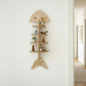 Wooden Fishbone Wall <b>Shelf</b> 4 Layers <b>Hook</b> Installation Living Room Storage Rack - Product Image 1