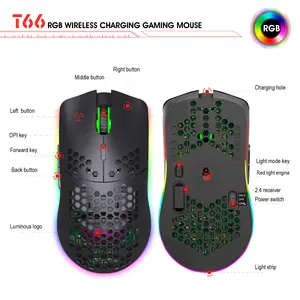 T66 красочные светящиеся игровые офисные RGB легкие сотовые мыши 6400 точек/дюйм Беспроводная зарядная мышь