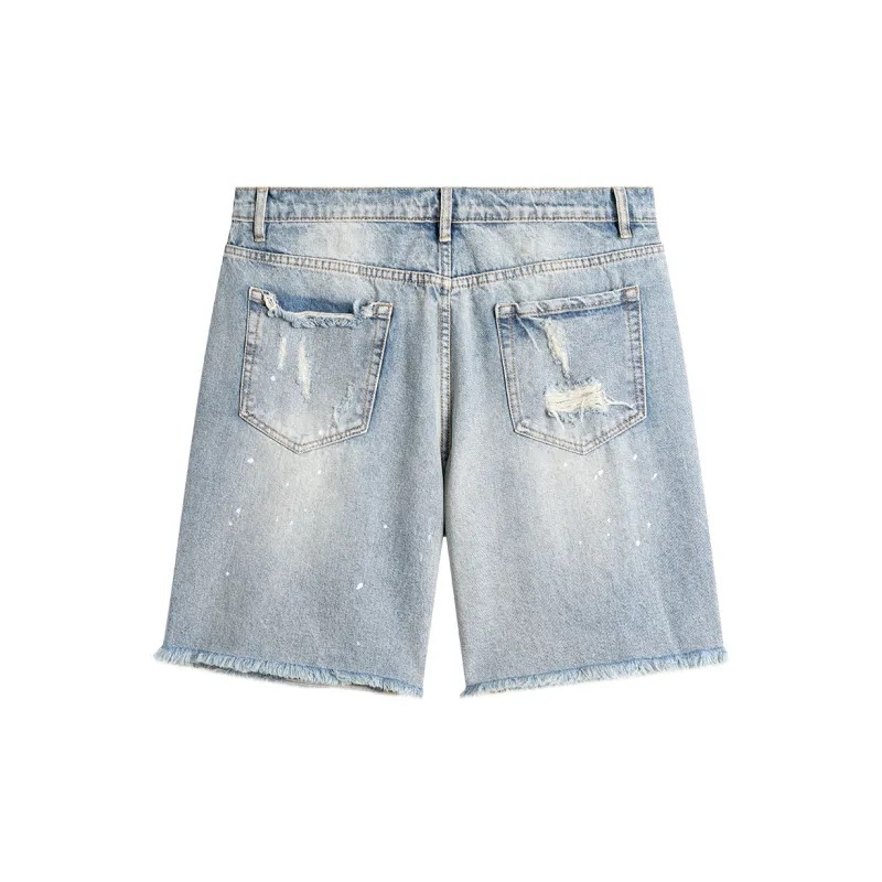 Men's Loose Straight Distressed Denim Shorts Streetwear Paint