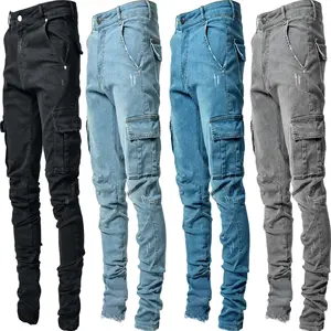 Aanpassen Nieuwste Europa Jeans Mannen Potlood Broek Casual Katoenen Denim Ripped Verontruste Gat Nieuwe Mode Broek Zijzakken Cargo