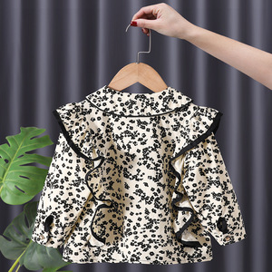 Girls Floral Blouse Cotton Long Sleeve Ruffle Collar Autumn Spring Kids Shirt Black White Patterned Children's Top - Product Image 2