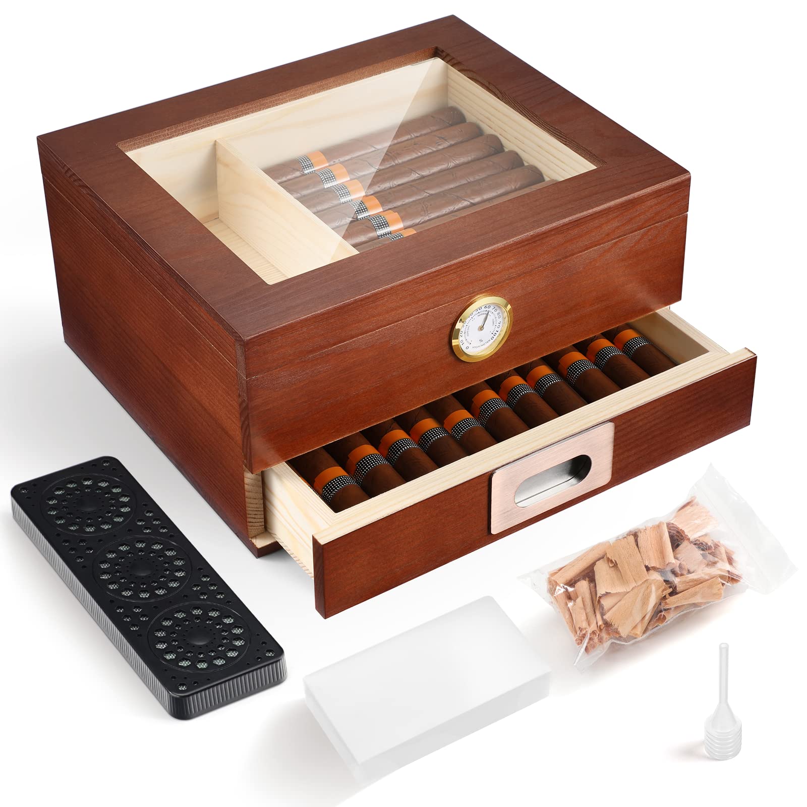 Glass Top  Humidor with Front Hygrometer  Humidifier  Divider  and Accessory Drawer Wood Cigar Box with Lid   Keepsake Box
