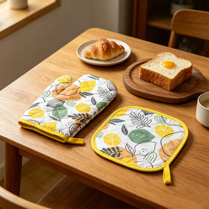 Lemon Pattern Oven Mitt And Pot Holder Set <b>Heat</b> Insulating Kitchen Cooking Gloves And <b>Pad</b> For <b>Microwave</b> Oven Use - Product Image 3
