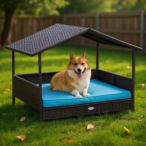 Casa para Perros Elevada de Mimbre Azul, Tamaño Mediano, para Interiores y Exteriores, con Cojín Extraíble - Product Image 2