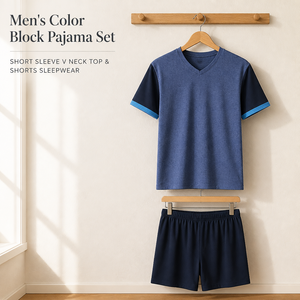 Ensemble de pyjama pour homme à blocs de couleur, haut à manches courtes et col <span class=keywords><strong>en</strong></span> V, et short bleu marine, vêtements de nuit, ensemble de détente d'été - Product Image 1