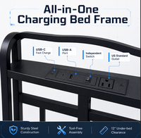 Lit plateforme en métal taille Queen avec ports de charge USB, étagère de rangement robuste sous le lit, tête de lit, cadre de lit moderne en métal