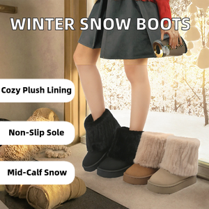 Bottes d'hiver chaudes pour femmes, mi-mollet, avec tige en tissu, doublure en peluche, semelle extérieure en caoutchouc, bout ouvert, en cuir - Product Image 2
