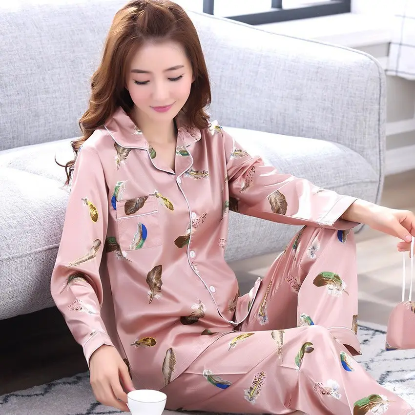 Herfst Cartoon Bedrukt Dames Lange Mouwen Zijden Lente Sexy Jongere Pyjama Vrouw Satijn Nachtkleding