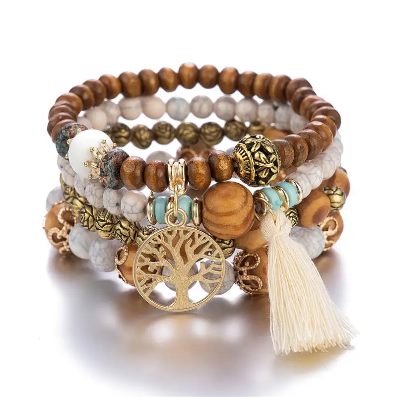 Boho Life of Tree Multi Layered Bracelet For Women Bohemian Crystal Wooden Beads Tassel Bracelets African Jewelry Pulseras Mujer