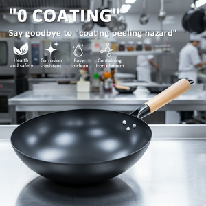 <span class=keywords><strong>Wok</strong></span> Chinês Sem Revestimento Químico, Woks de Aço Carbono Pré-temperados com Cabo de Madeira para Uso em Restaurantes e Cozinhas de Hotéis - Product Image 5