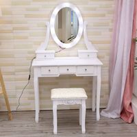 Coiffeuse blanche simple de style européen avec 5 tiroirs, miroir LED, pieds en bois massif et tabouret pour chambre à coucher