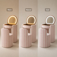 Table de toilette de luxe rose rayée en bouclette avec miroir LED rabattable, coiffeuse moderne minimaliste avec tabouret pour chambre à coucher