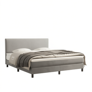 Base de Cama Tapizada en Terciopelo Gris Claro, Tamaño California King, Diseño Minimalista, Estilo de Cama Suave - Product Image 1