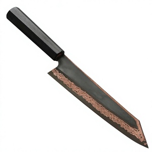Cuchillo de Cocina con Patrón Damasco de Cobre, Mango Negro, Hoja Recta, Herramienta Profesional para Rebanar - Product Image 1