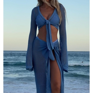 Hollow Long-sleeved Short Blouse Beach Seaside <b>Sexy</b> Strap Skirt Women's Knitted 2-piece <b>Set</b> Fashion - Product Image 2