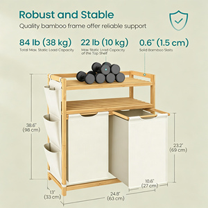 Panier à linge en bambou avec étagère, grande capacité 100L, double panier à linge coulissant avec poches latérales - Product Image 6
