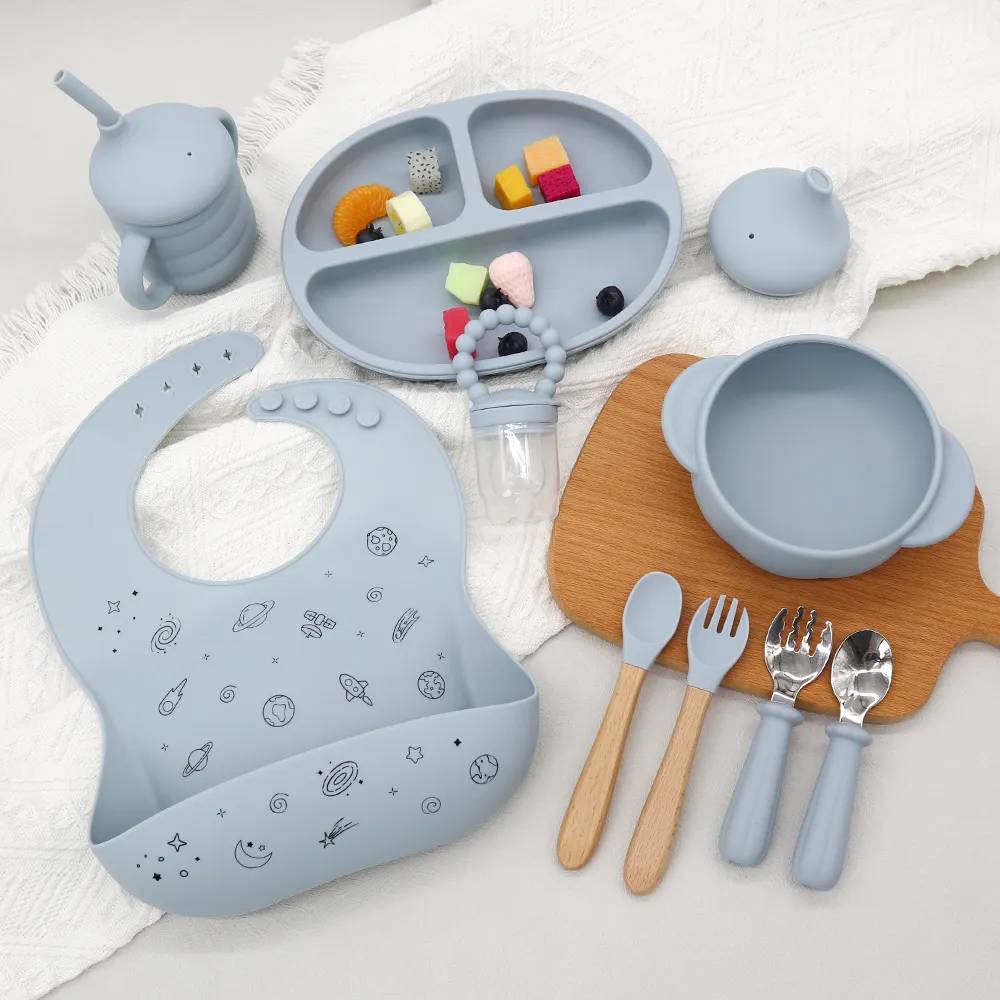 OEM/ODM New Baby Tableware Waterproof Bib Toddler Plate And Cup Plate Baby Weaning Set Feeding Set Silicone