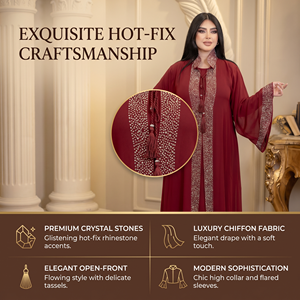 ชุดอาบายะห์เปิดหน้าแบบพรีเมียม สีแดง ผ้าชีฟอง แต่งขอบด้วยฮอตฟิกซ์ แขนยาว พร้อมชุดซับใน สำหรับงานอีด งานเลี้ยง และโชว์ในร้านบูติก - Product Image 3