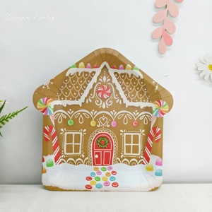 DAMAI Christmas Decorations Gingerbread Cottage Shaped Plate with Tree Wreath <b>Disposable</b> <b>Tableware</b> Paper Plates Cups Napkins - Product Image 2