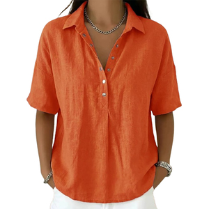 Camiseta de Lino de Manga Corta para Mujer, Cuello Camisero, Corte Holgado, Estilo Casual de Verano - Product Image 6