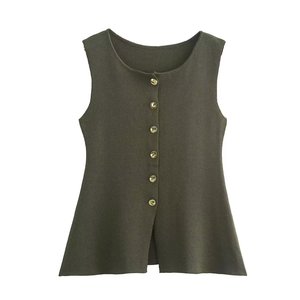 เสื้อกั๊กถักกระดุมแถวเดียวสีทองแบบเรียบง่ายสำหรับผู้หญิงเสื้อแฟชั่น - Product Image 4