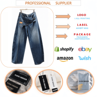 J115 Jean large asymétrique à taille drapée pour femme, coupe irrégulière, avec empiècements incurvés, en denim délavé vintage, pantalon ample