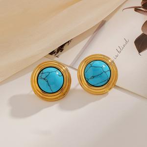 Stud Earrings Blue Turquoise <b>Round</b> Bezel Setting 18k Gold Plated Stainless Steel Ear <b>Posts</b> Fashion Jewelry - Product Image 3