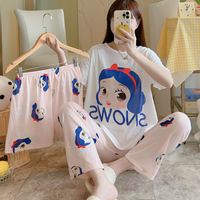 Conjunto de pijamas de tres piezas para mujer, pantalones cortos de manga corta, ropa de casa, ropa de dormir, Camiseta de cuello redondo, pijamas de dibujos animados de verano