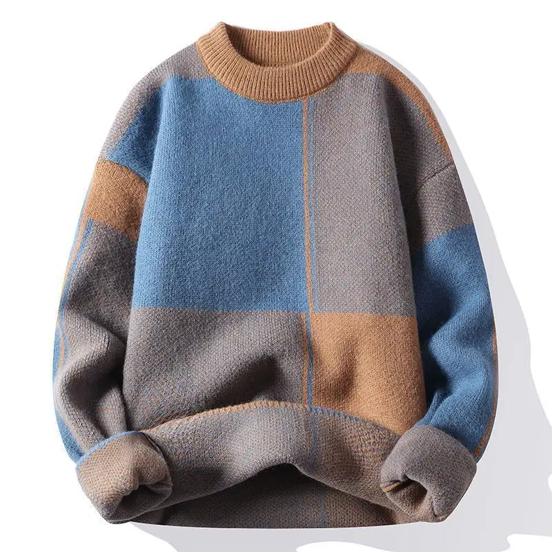 New Customized Thickened Sweater Color Blocking Striped Diamond Color Block Contrast Color Men Sweater Long Sleeve Knit Sweater