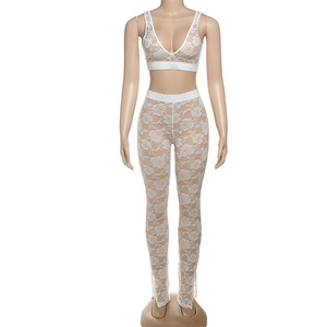 Sexy lente-zomer vrouwenoutfits kant doorschijnend crop top en lange broek 2-delige set sexy mesh tweedelige broekensets dames 2025 - Product Image 5
