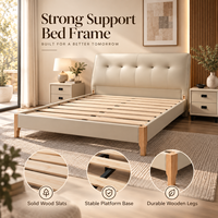 Cadre de lit en cuir avec tête de lit capitonnée, pieds en bois, lit plateforme moderne et minimaliste, taille King ou Queen, meubles de chambre à coucher